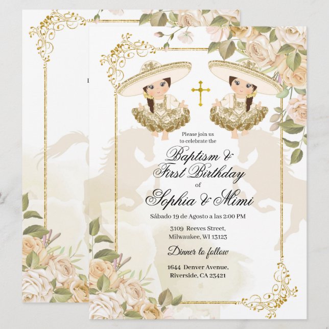 Invitation Baptême de fille jumelle mexicaine blanche et or (Devant / Derrière)