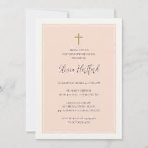 Invitation Baptême de fille minimaliste croix dorée pêche