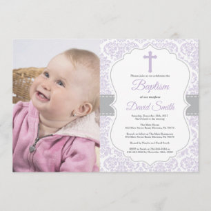 Invitation Baptême de fille pourpre et gris Damas