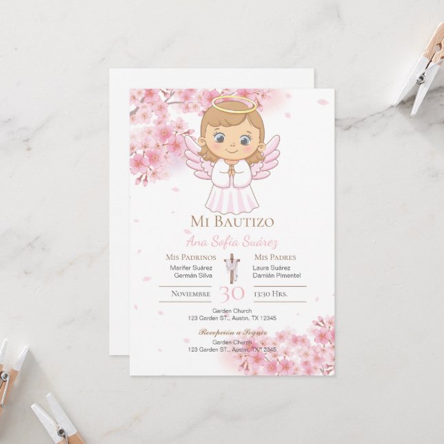 Invitation Baptême de fille rose (Devant/Arrière en situation)