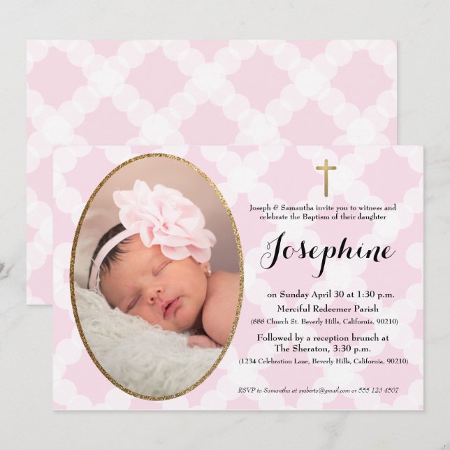 Invitation Baptême de fille rose blanche et de Croix d'or (Devant / Derrière)