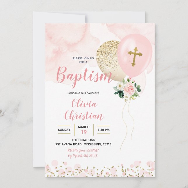 Invitation Baptême de fille rose et or (Devant)