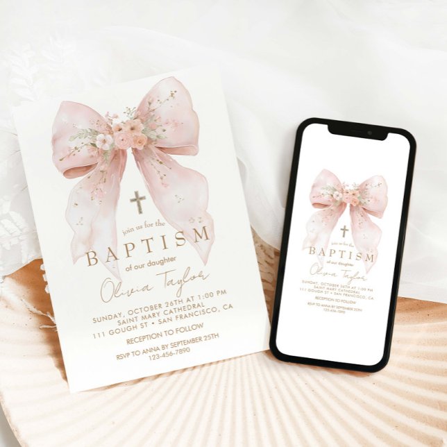 Invitation Baptême de fille rose florale (Créateur téléchargé)