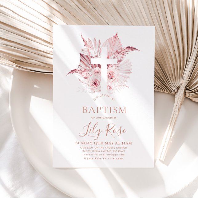 Invitation Baptême de fille rose florale (Pink Girls Baptism Invitation
)