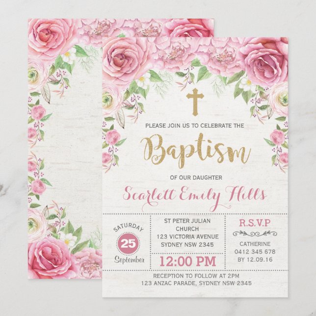 Invitation Baptême de fille Rose rose or (Devant / Derrière)