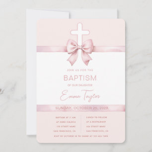 Invitation Baptême de fille rose ruban Bow & Cross Christenin