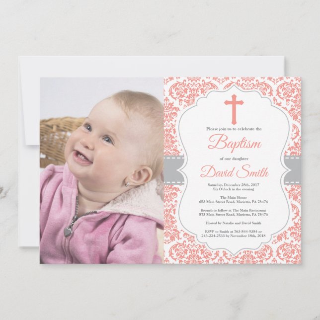 Invitation Baptême de filles Corail Rouge et Damas (Devant)