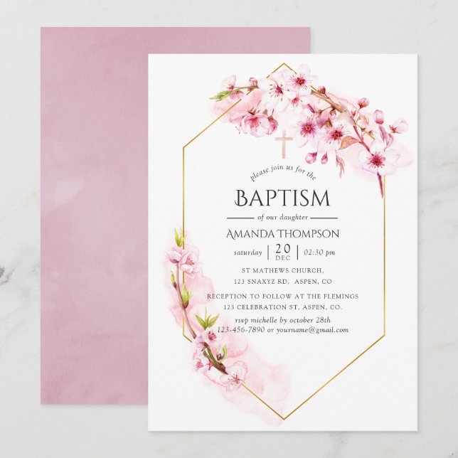 Invitation Baptême de fleurs de cerisier rose géométrique (Devant / Derrière)
