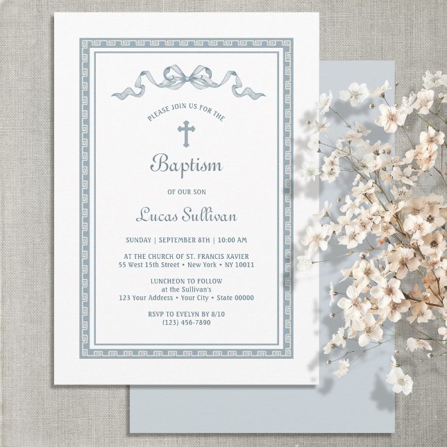 Invitation Baptême de fond grec bleu Dusty (Créateur téléchargé)