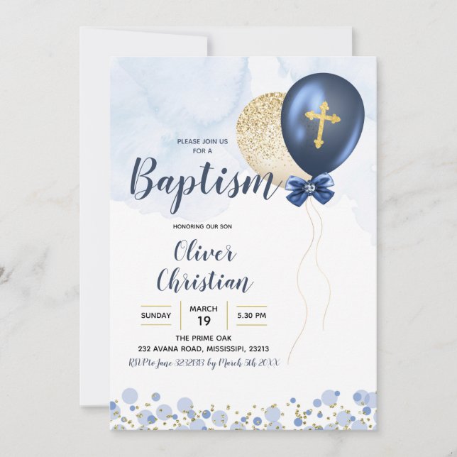 Invitation Baptême de garçon Bleu et Ballons d'or  (Devant)