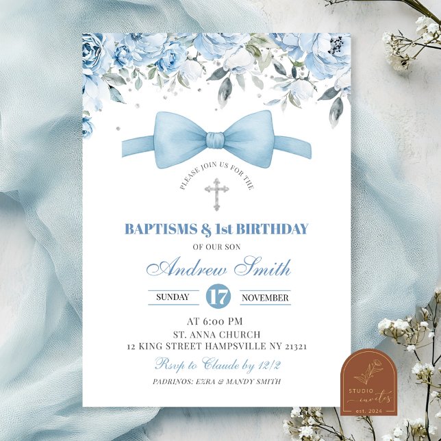 Invitation Baptême de garçon bleu et premier anniversaire (Créateur téléchargé)