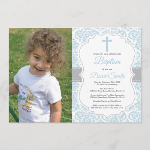 Invitation Baptême de Garçon Damas bleus et gris