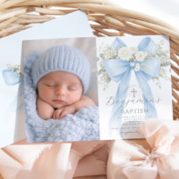 Invitation Baptême de garçon photo floral eucalyptus noeud
