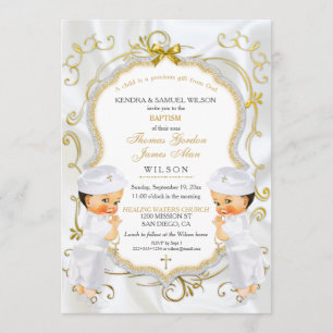 Invitation Baptême de jumeaux baptisant Gold White Cross Inv