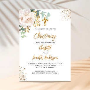 Invitation Baptême de jumeaux eucalyptus verdure floral blanc