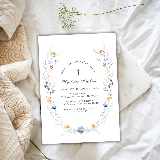 Invitation Baptême de la couronne florale Fleur sauvage minim (Minimal Wildflower Floral Wreath Cross Baptism Invitation)