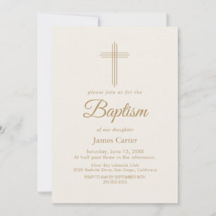 Invitation Baptême de la Croix de Crème de Calligraphie Dorée