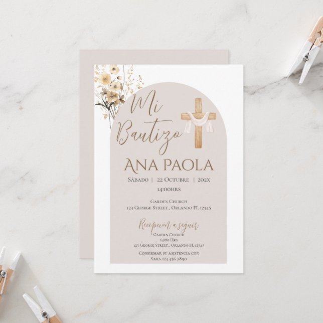 Invitation Baptême de la fille Boho avec un ours dans les nua (Devant/Arrière en situation)