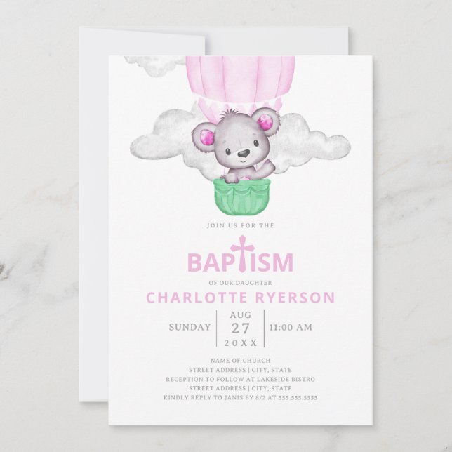 Invitation Baptême de la fille d'ours à air chaud rose (Devant)