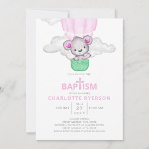 Invitation Baptême de la fille d'ours à air chaud rose