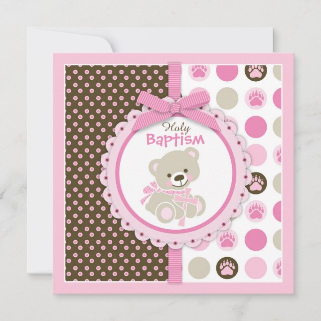 Invitation Baptême de la petite fille de l'ours en peluche ro (Devant)