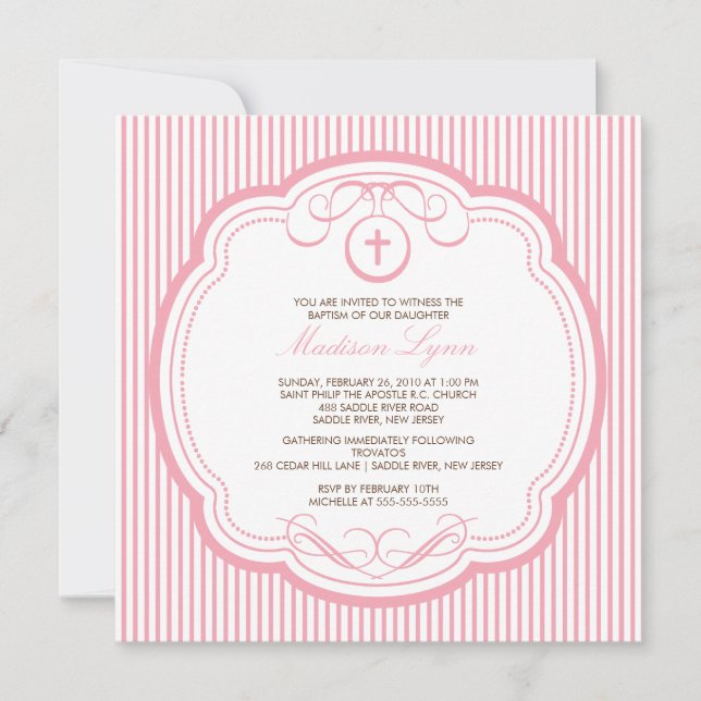 Invitation Baptême de la petite fille rose douce (Devant)