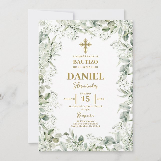 Invitation Baptême de l'haleine florale de bébé espagnol (Devant)