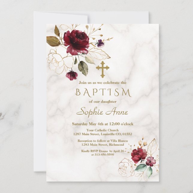 Invitation Baptême de luxe Baptême en marbre de la Croix Flor (Devant)