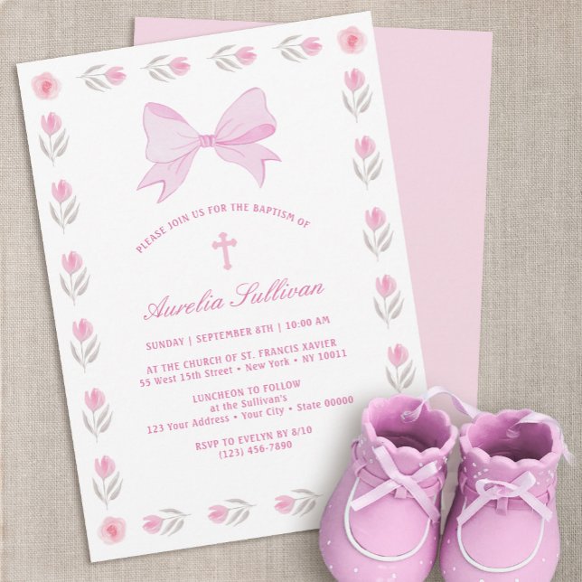 Invitation Baptême de mâchoire rose du cadre floral (Créateur téléchargé)