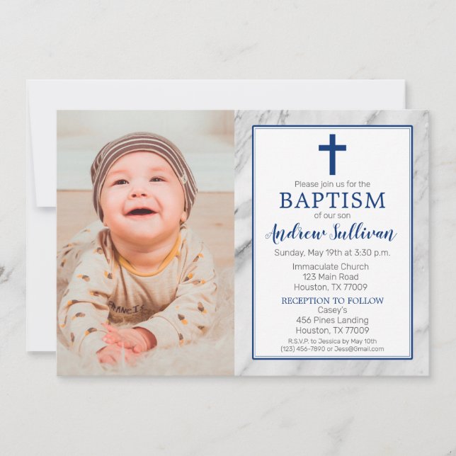 Invitation Baptême de marbre bleu marine Boy Photo (Devant)