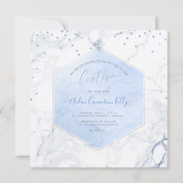 Invitation Baptême de marbre de peigne bleu de PixDezines (Devant)