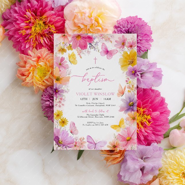 Invitation Baptême de papillon floral Christening Girl Bright (Bright Floral Baptism Invitation in pink, purple, yellow and peach. Baptism or Christening )