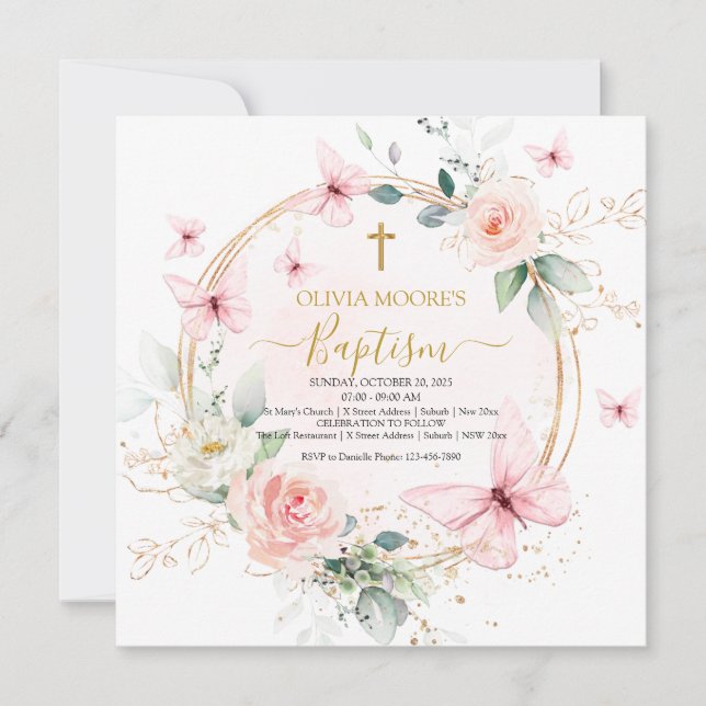 Invitation Baptême de papillon rose (Devant)