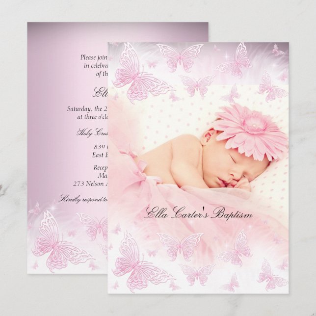 Invitation Baptême de papillon rose blanc étincelant (Devant / Derrière)