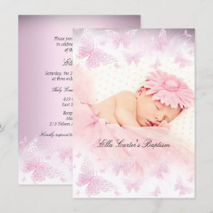 Invitation Baptême de papillon rose blanc étincelant