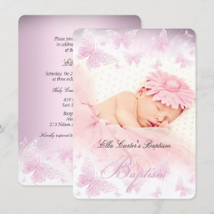Invitation Baptême de papillon rose blanc étincelant