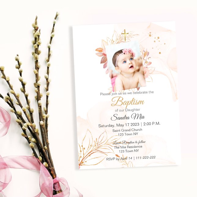 Invitation Baptême de Pêche d'or (Gold Peach Baptism Invite)