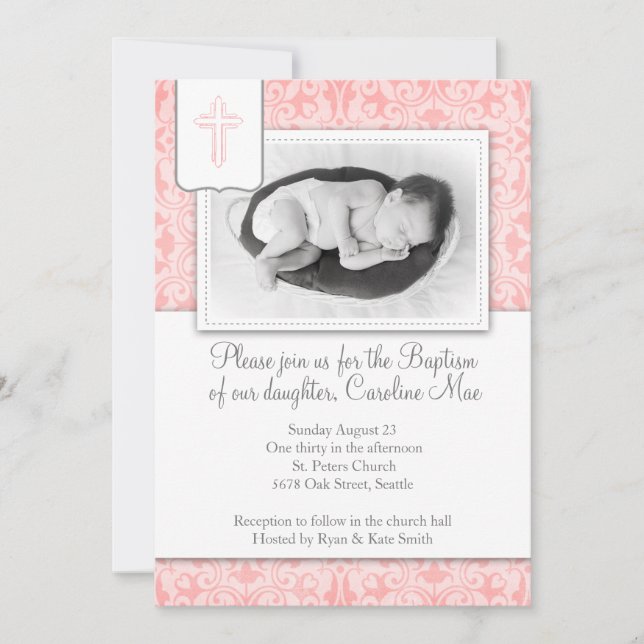 Invitation Baptême de petite fille aux Damas roses (Devant)