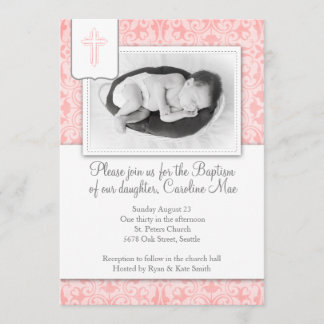 Invitation Baptême de petite fille aux Damas roses