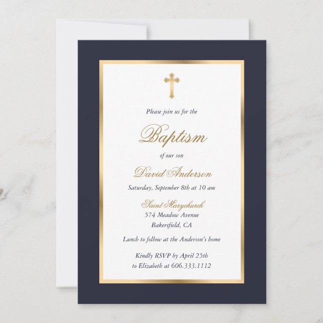 Invitation Baptême de Script élégant de Croix Bleue et Or (Devant)