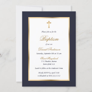 Invitation Baptême de Script élégant de Croix Bleue et Or
