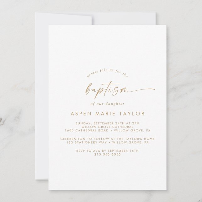 Invitation Baptême de Script Or Moderne (Devant)