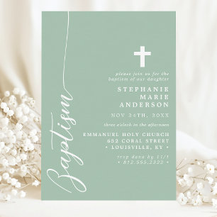 Invitation Baptême de style moderne simple à la menthe poussi