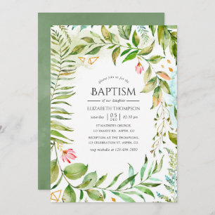 Invitation Baptême de verdure cristalline géométrique