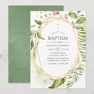 Invitation Baptême de verdure cristalline géométrique