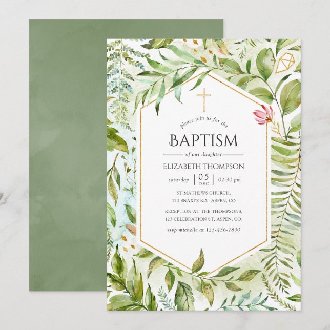 Invitation Baptême de verdure cristalline géométrique (Devant / Derrière)