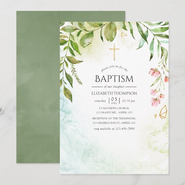 Invitation Baptême de verdure cristalline géométrique (Devant / Derrière)