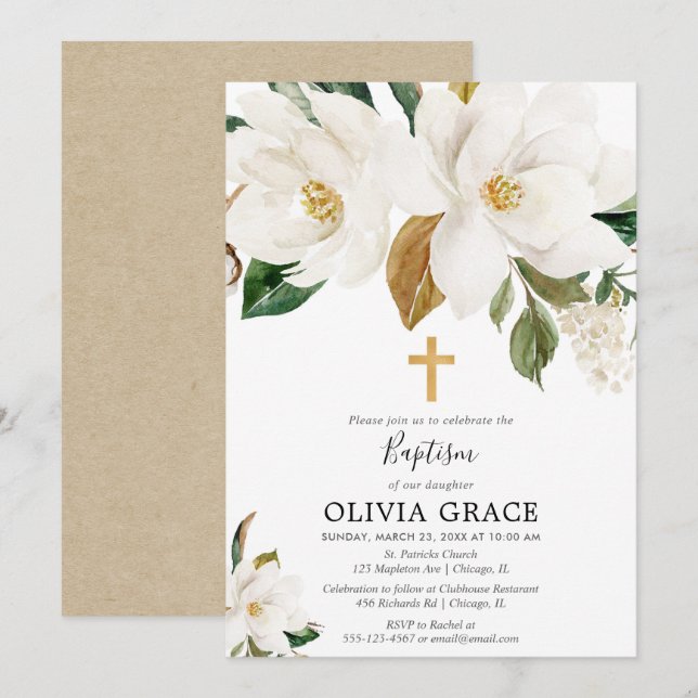 Invitation Baptême de verdure de magnolia floral blanc rustiq (Devant / Derrière)