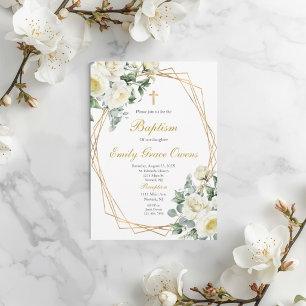 Invitation Baptême de verdure florale blanche