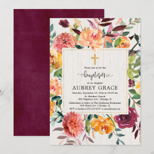 Invitation Baptême d'Elégant automne de couleur bordeaux fleu